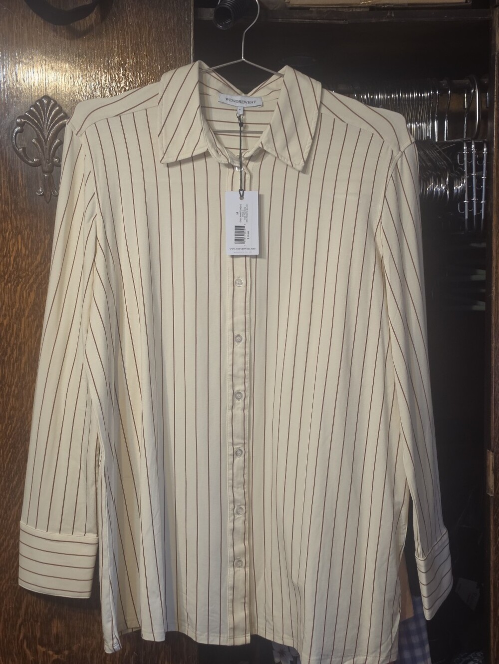 WeWoreWhat Cream/Mocha Button-Up dress with wide Pinstripes